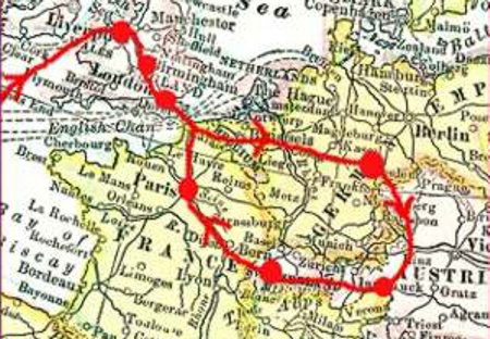 Map showing the route of Frank Woolworth's first European buying trip in 1890.