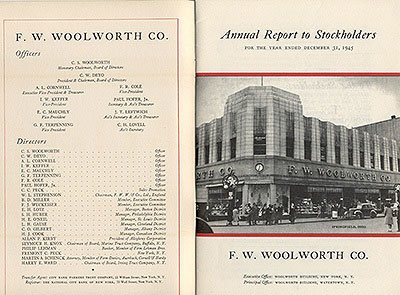 The F. W. Woolworth Co. Annual Report for 1945, which shows C. S. Woolworth as the Honorary Chairman, but for the first time in 65 years another man, C.W. Deyo, was in charge.