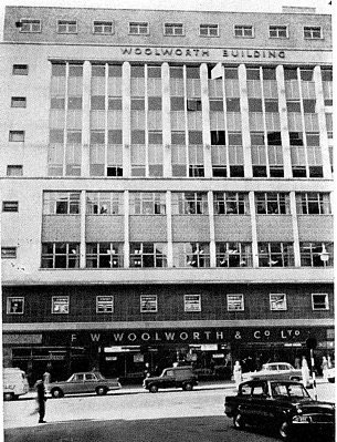 One of several large Woolworth stores in the City of Birmingham, England in the early 1960s.  The site was redeveloped in partnership with a leading construction company, with Woolworth retaining the freehold and subletting all of the offices in the tower above it.