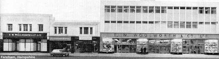 The old and the new, a small 1930s Woolworth store and its 1960s successor stand side-by-side in Fareham, Hampshire