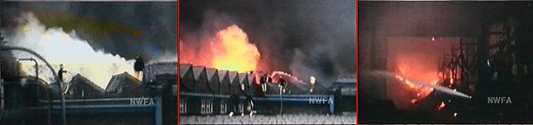 The Woolworth Castleton depot on fire in 1971. Pictures with special thanks to the North West Film Archive (NWFA)