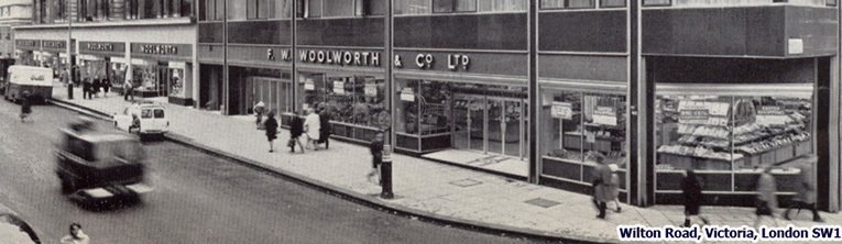 The Woolworths store adjacent to London's Victoria Station had such a large expanse of glass frontage that it employed three full-time window dressers. It closed its doors in 1984.  Today Argos and Sainsbury occupy the modern building in the foreground, while other parts have been redeveloped.