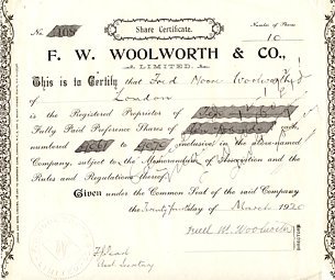 An original Woolworth UK share certificate from 1909