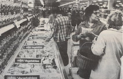 Bold displays of frozen foods in the Woolco hypermarket in 1976