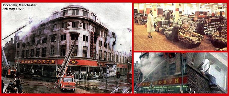 The terrible cost of complacency - ten lives lost in an horrific fire at the Woolworths superstore in Piccadilly, Manchester in May 1979.  (Photographs courtesy of the Manchester Evening News, BBC Look North West, the Fire Brigades Union and Mr Graham Hill.