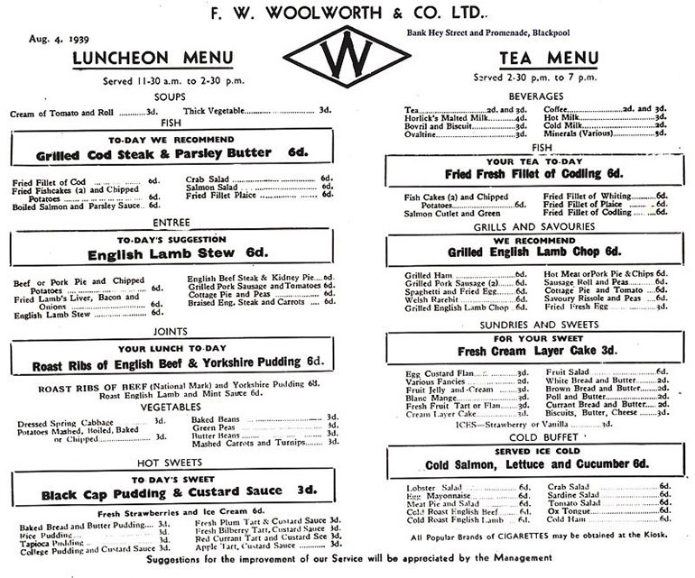 Menu from F. W. Woolworth's Restaurant (Lunch Counter) in Blackpool, Lancashire, England, dated August 4th 1939