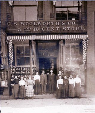 The staff of the C. S. Woolworth store in Glens Falls (a City in Warren County, New York), pictured outside their Five-and-Ten in 1911 (Image with special thanks to Mr Scott Oakford, great-grandson of the Founder