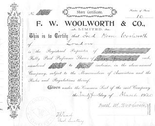 Preference share certificate in F. W. Woolworth & Co. Ltd. of Great Britain, made out to and authorised by Fred Moore Woolworth himself
