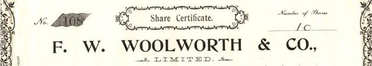 The top of an original F. W. Woolworth & Co. Ltd. share certificate. Preference share certificates were issued only to special friends of the company whose loyalty was guaranteed.