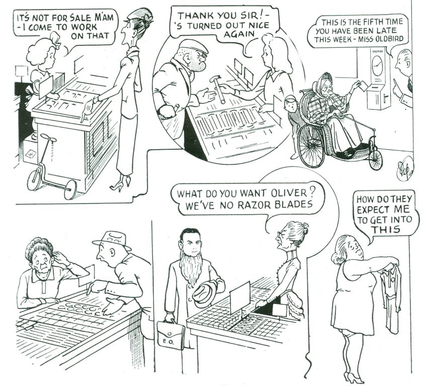 As regular staff were called up, old-timers were called back from retirement, prompting this cartoon in the staff magazine