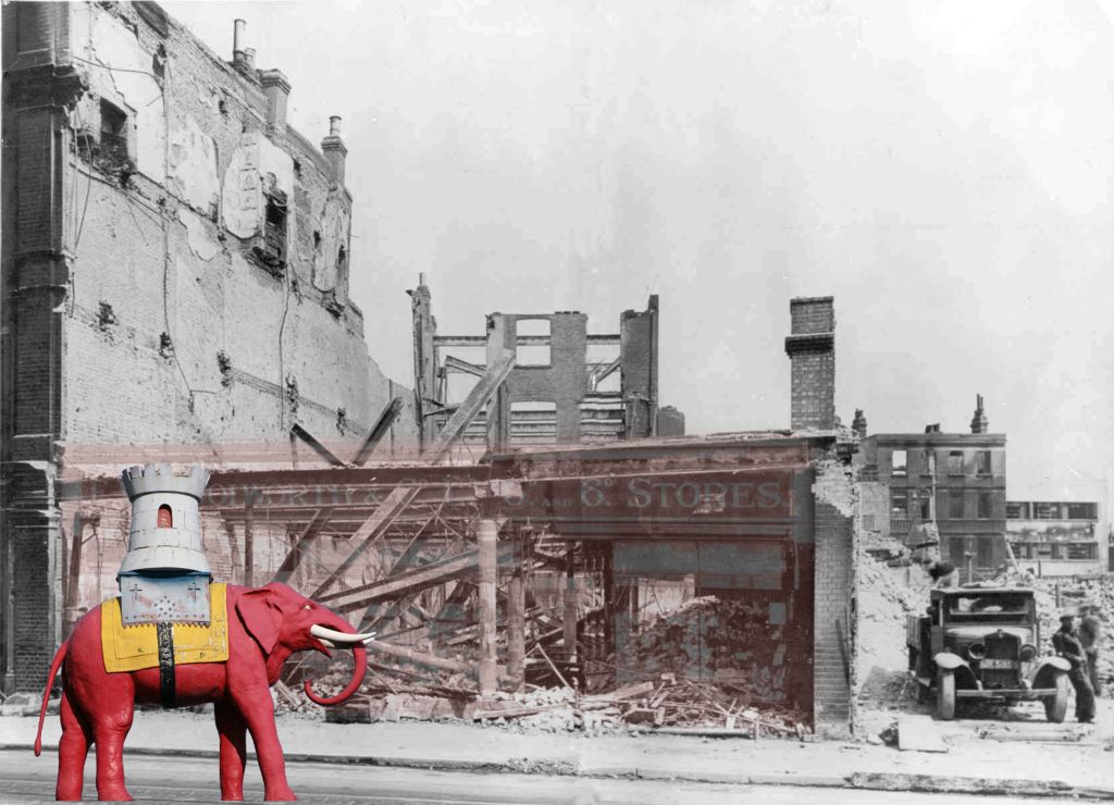 ... but others were totally destroyed.  The Elephant and Castle, a mile from the Houses of Parliament, will never forget 1941