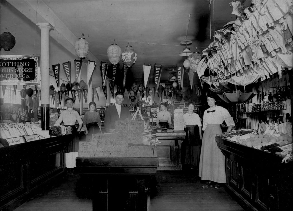F.W. Woolworth in Webster, MA, packed with flags, pennants and books for students off to College