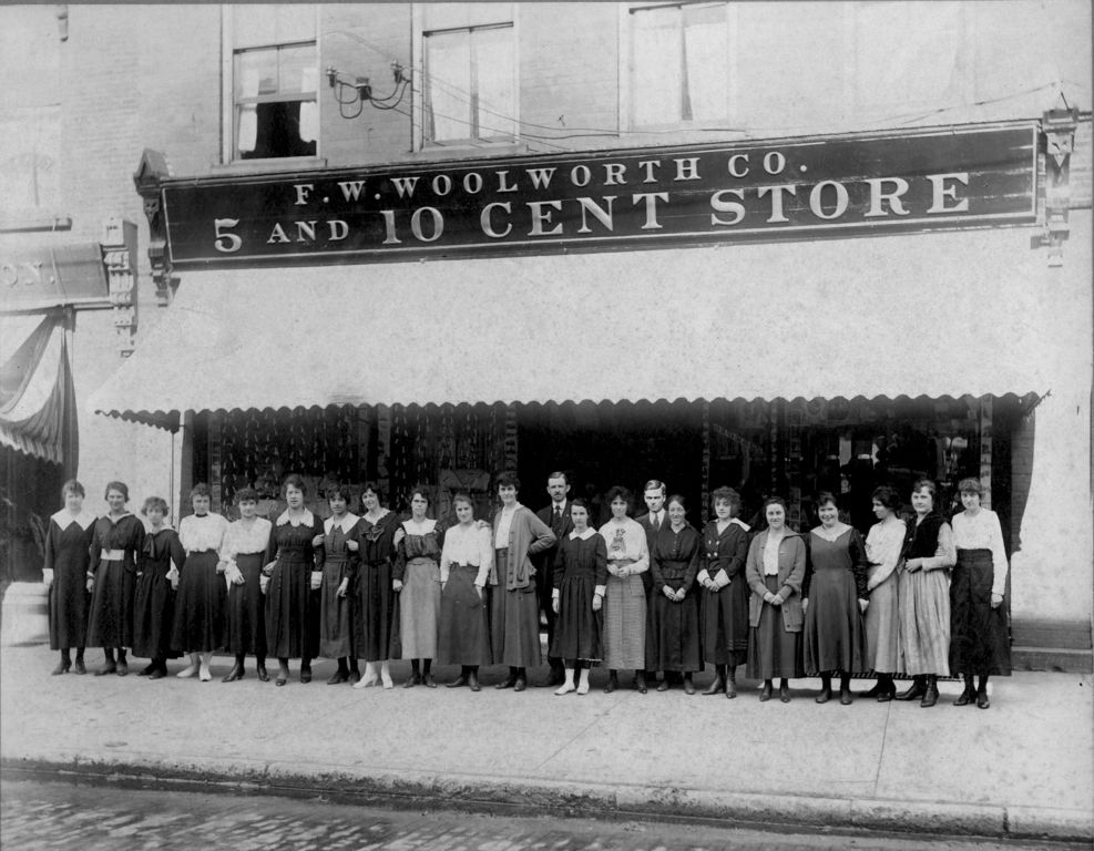 This Woolworth 5 and 10 had twenty women and two men on its payroll. 8 of the women worked behind the scenes in the office or stockroom