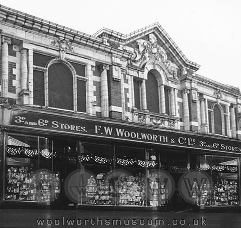 The ornate facade of the original, purpose-built  store, which opened on 16 November 1912, next to the Theatre Royal. As the pattern of trade in the town changed, new premises were commissioned at 184-190 High Street, Business was transferred on 16th October 1936.  The Woolworth heritage of the original premises had been forgotten when the 'delapidated former furniture shop' was unceremoniously demolished in 2008, with the space left empty.