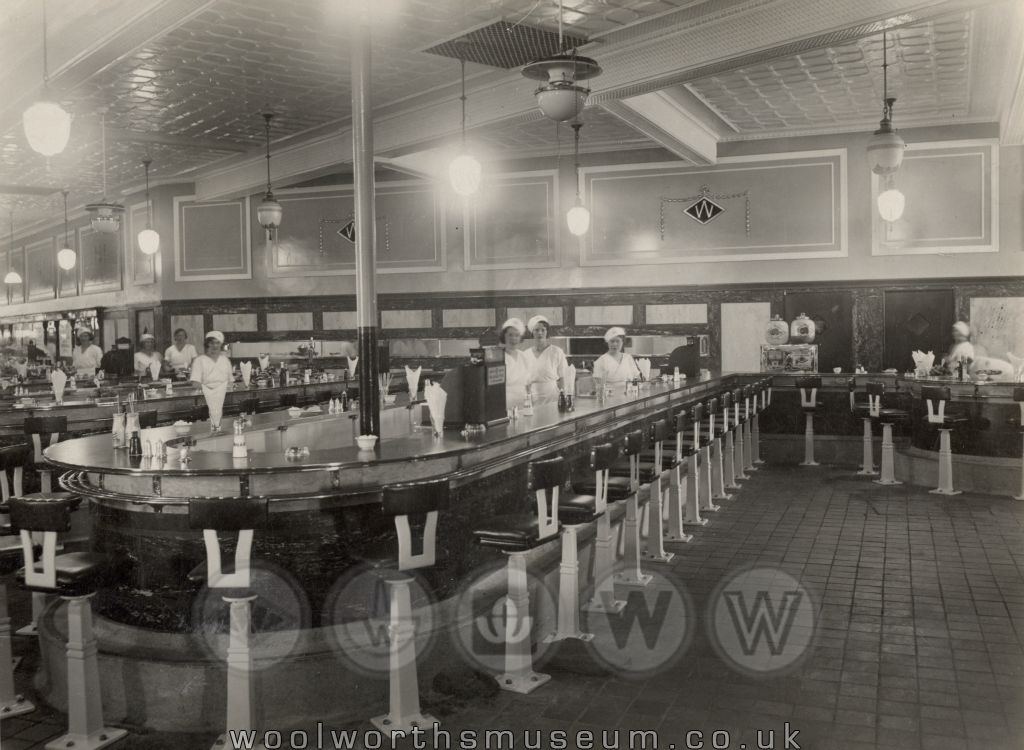As well as a conventional restaurant, after relocating across the road to Nos. 164-6 on 20th August 1926, the Portsmouth store incorporated this ultra-modern quick lunch counter, which proved so popular with locals that tourists had to wait their turn.  Sadly the entire building was lost to enemy action on 11th January 1941.