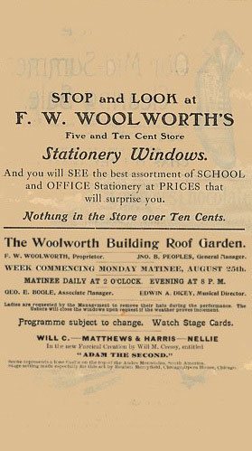 The Woolworth Building Theatre Programme includes serveral adverts for Frank Woolworth's Five and Ten