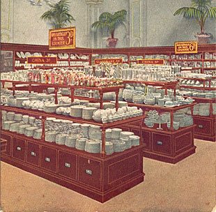 Mahogany counters crammed with China and Pottery from Hanley and Stoke-on-Trent, on the first floor of the first British Woolworths on opening day, Nov 5th 1909. (Image with special thanks to Mr Scott Oakford, Charles Sumner Woolworth's Great Grandson)