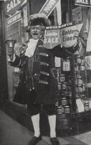 Preston's town crier was enlisted to promote the Woolworths Fiftieth Anniversary Sale in Fishergate