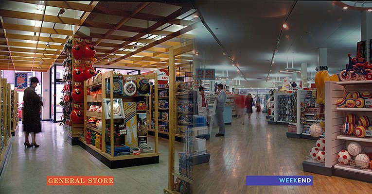 Interior views of new look Woolworth stores for Convenience Towns (General Store, Bicester, Oxon, left) and larger Comparison towns (Woolworths Weekend, Gallowtree Gate, Leicester) - pictured in 1985