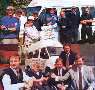 Ronnie Corbett and Tim Brooke-Taylor were among the stars at a Woolies golf day when Jim Spittle, Distribution Director and one of the firm's amateur sportsmen, handed over the keys to a new Sunshine Coach, which was subsequently presented to the Shankhill Arts Centre in Belfast (Summer 1997)