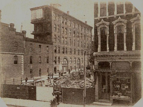 Site preparations for Frank Woolworth's first skyscraper in Lancaster, Pennsylvania, USA.  Sute acquisitiion and clearance started in the 1890s