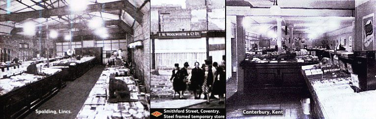 Left: a temporary store at Spalding demonstrates the simple re-roof and re-open theory. Centre: the steel-framed emergency premises in Coventry stood in the crater left by the destruction of the well-appointed store in Smithford Steet. Right: When the Canterbury store wad destroyed a new one was improvised in a warehouse nearby.