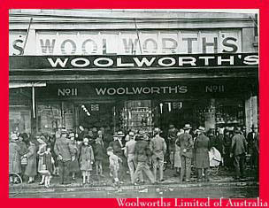 A copycat company opened a chain under the F. W. Woolworth name in Australia in 1924. The store layout was based on its founder's visits to London and the threepenny and sixpenny stores. Today it is the market-leading supermarket down-under