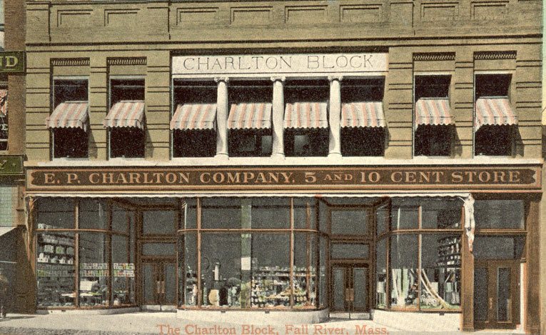 The enlarged and improved E.P.Charlton & Co. Five and Ten Cent Store at 91-93 Main Street, Fall River, Massachusetts. Business was transferred to this location on 28 February 1908. (Image with special thanks to Mr Scott Oakford)