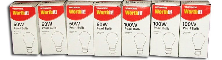 Small 60watt incandescent lightbulbs for 20p were one of the best sellers in the Woolworths WorthIt! range when it was introduced in 2006