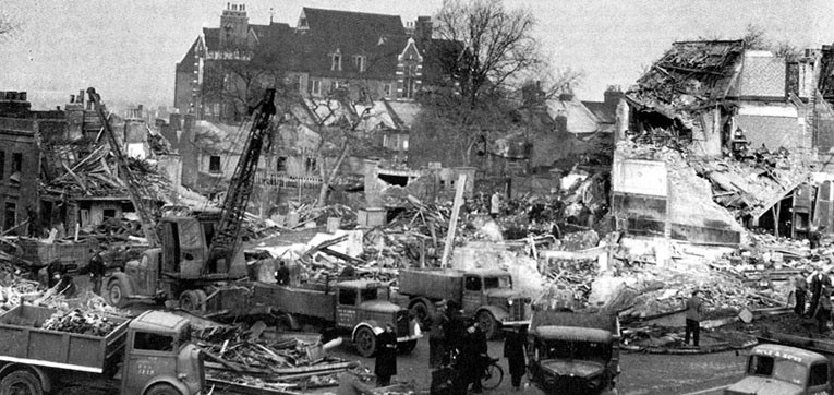 The devastation at New Cross Road, Deptford, where the F. W. Woolworth store was destroyed by a German V2 rocket on 25th November 1944.