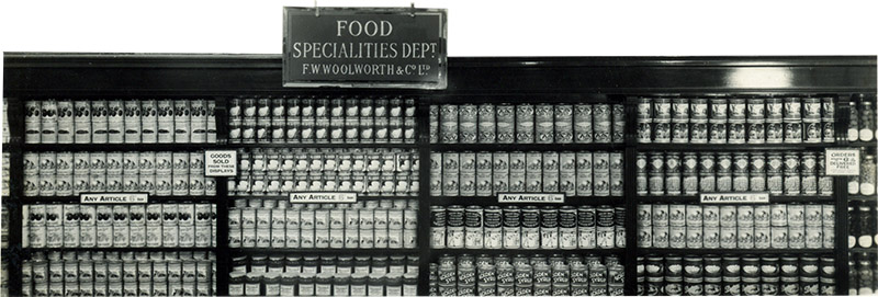Woolworth's Dept. 3 Food Specialities offered a selection of tinned goods, including canned fruit and vegetables, ham, fish and crab meat. The sixpenny tins were particularly popular for picnics