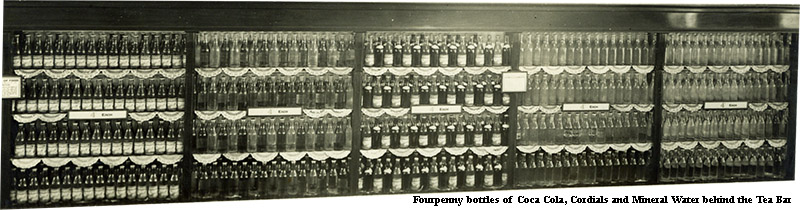 The bold display of bottled Coca Cola, Carbonated Fruit Cordials and Mineral Waters behind the improvised Tea Bar, proved to be particularly good sellers. The fourpenny price tag was consciously set tuppence lower than the rate at independent shops nearby.