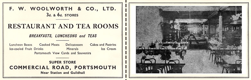 An advertising postcard for the Customer Restaurant and Refreshment Rooms which opened on the first floor of the Woolworth's Superstore in Commercial Road, Portsmouth, Hampshire, UK in Autumn 1926. Both sides are shown.
