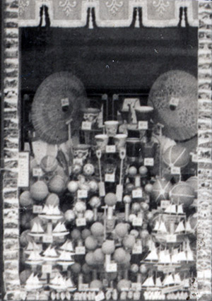 Summer toys - including kites, buckets and spades- in the right centre display window at the Portsmouth Woolworth's in 1927
