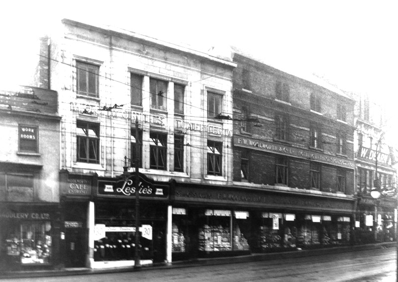 The Portsmouth Woolworth's after extension in 1926 had a peculiar mix of the old and the new, with a competitor occupying a space in the middle of its frontage and a new staircase up to a Customer Restaurant on the first floor