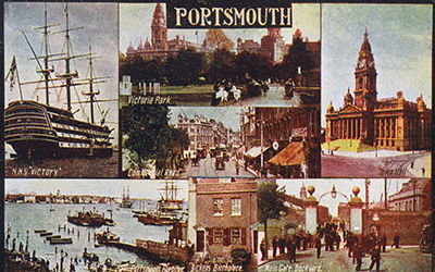 A view card showing highlights of the Portsmouth area in around 1914. These include Charles Dickens' birthplace, just along Commercial Road from Woolworth's, H.M.S. Victory and the huge Royal Naval Dockyard.