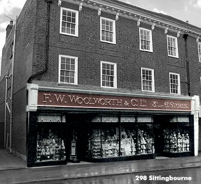 A close-up view of the elegant Georgian-style frontage of the Woolworth's store building at 46-48 High Street, Sittingbourne, Kent in around 1929
