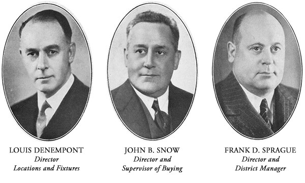 Three Main Board Directors of F.W. Woolworth & Co. Ltd. of London, England in 1931 at the time of its listing on the London Stock Exchange - Louis Denempont (Locations and Fixtures Director), John B. Snow (Director and Supervisor of Buying) and Frank D. Sprague (Director and District Manager - Metropolitan)