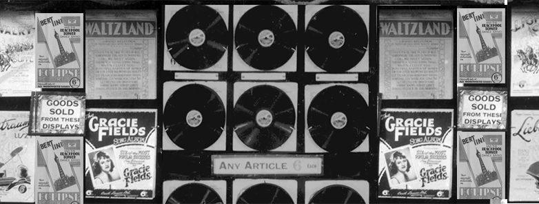 A specially adapted wall display board from Woolworth's store 35 Portsmouth, featuring the sheet music and the disks for the same songs, along with the Company's fortnightly Eclipse Records brochure which promoted its best titles