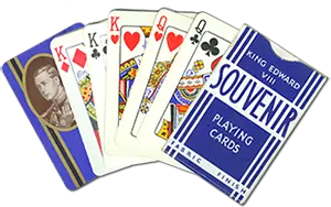 Three Kings, two Queens, royal collectable playing cards from Woolworth UK in the 1930s. The range that was withdrawn from sale, depicting the uncrowned Edward VIII who became the Duke of Windsor after the Abdication, is sought after today