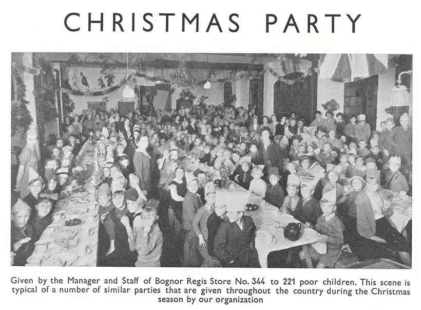 A feature article from the company's staff magazine 'The New Bond', showing the Christmas spread laid on for 221 local poor children in the run-up to Christmas 1937.