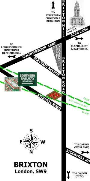 A map showing the main shopping streets of Brixton and the location of the original F. W. Woolworth store on the corner of Atlantic Road and Brixton Road, between the two railway bridges. The shaded forecourt area further up Brixton Road towards Lambeth Town Hall was redeveloped in the 1930s to accommodate the iconic store that many Londoners will remember. It still stands today.