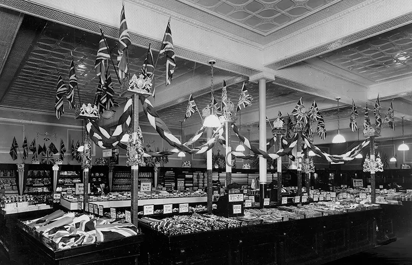 Huge, elegant displays of souvenirs and collectables to mark the Coronation of H. M. King George VI and Queen Elizabeth in 1937 at the London Road, Bognor Regis Woolworth store in West Sussex