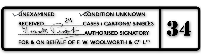 From the early 1920s the F.W. Woolworth Management Rule Book contained instructions on how everything in the store was to be done. Creating it had been a pet project for British Founding MD Fred Moore Woolworth. One example was that every consignment note for an incoming delivery must be store stamped and signed by the Store Manager, his official deputy, or in smaller branches the First Cashier and larger ones, the Stockroom Manager, This example has been signed by Frank Picot at Store 34 Clapham Junction