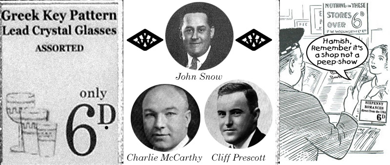 The trio of Buyers from Executive Office who took time from their schedules to help Frank Picot prepare for the Grand Re-opening of his enlarged Woolworth store in Clapham Junction, SW11 in October 1926 - John Snow (Buying Director), Charlie McCarthy with his signature Greek Key glasses, and Cliff Prescott with his steamy Sixpenny Romance Job Novels