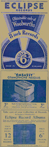 Leaflets were printed each month from 1931 to 1935 promoting the latest Woolworth Sixpenny Records on the Eclipse Label, and the accessories that were available to store and clean them