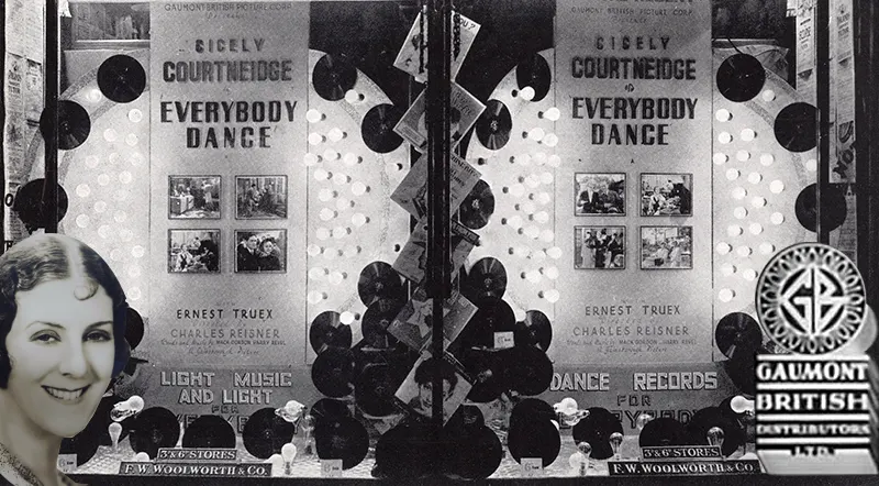 A magnificent display window from the iconic new F.W. Woolworth superstore at 457-461 Brixton Road, London, SW9, promoting British Gaumont's blockbuster starring Cicely Courtneidge in Everybody Dance, a musical romp that captured the public's imagination at Christmas 1936