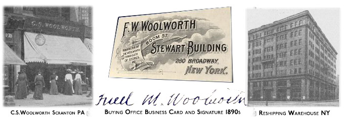 Fred Moore Woolworth's training in the USA (L to R), as apprentice to Charles Sumner Woolworth at his Five-and-Ten in Scranton PA, as Assistant to Sum's brother, the Merchant Prince Frank Winfield Woolworth when he was the sole Buyer of the Syndicate, and as Manager of the New York Reshipping Warehouse as well as the adjacent Five and Ten in 6th Avenue