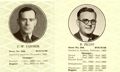 F.W. Woolworth Store Managers Frederick Farmer and Philip Picot who were instructed to swap stores in 1937, switching between Bognor Regis and Winchester. Both soon became recognised 'square pins in square holes', ideally suited to the branches that they managed.