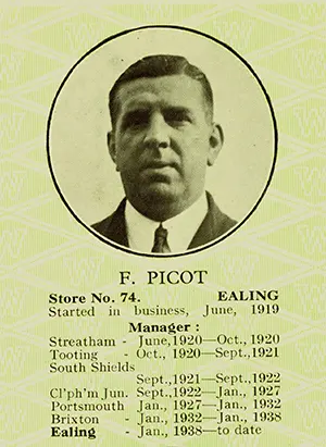 Frank Picot's full store management career with Woolworth's, with a photo taken in 1938, reproduced from the Company publication 'Thirty Years of Progress, Christmas 1938'
